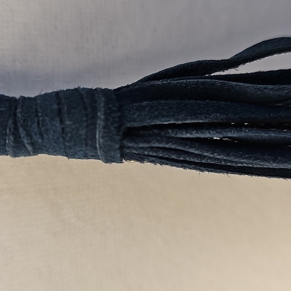 Chico's Denim Blue Suede Boho Necklace w Silver Baubles & Fringe Pendant Western - Picture 11 of 13